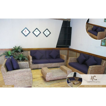 Antique design interior sofa set home furniture (acasia wooden frame, water hyacinth handmade woven)